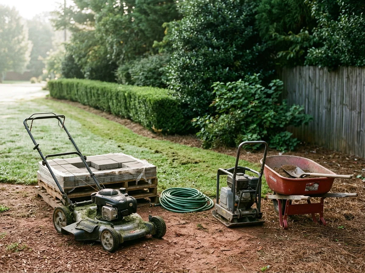 Landscaping equipment and tools arranged at a job site, ready for lawn care and hardscaping work. No people are visible in the image.
