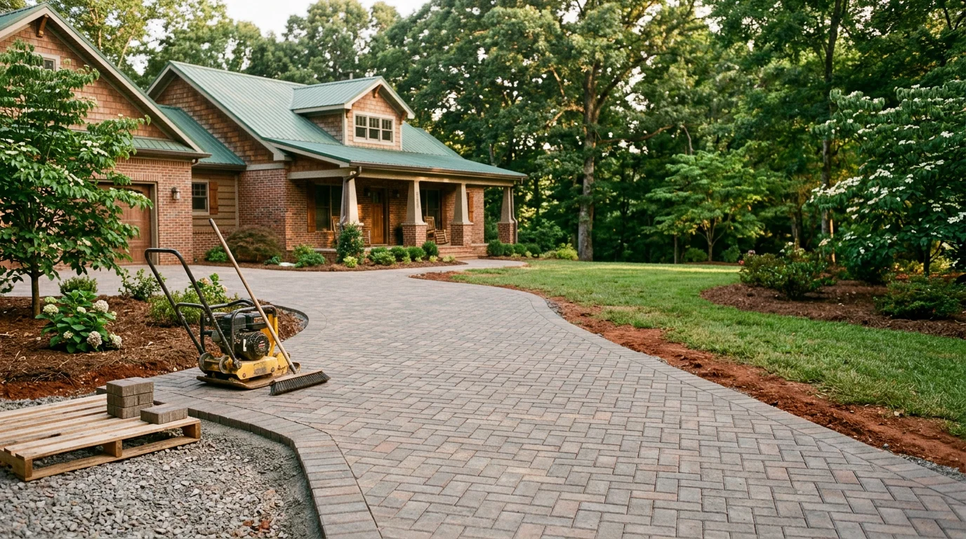 Newly paved driveway and walkway installed by Medina Landscaping and Hardscaping in Tennessee