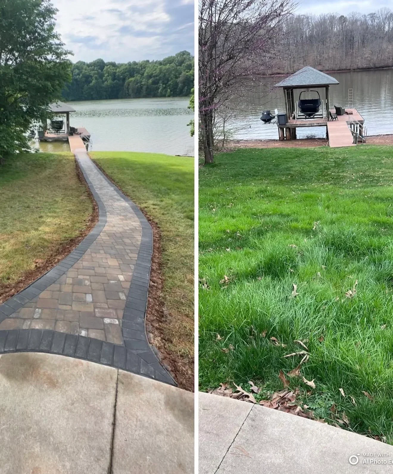 Curved interlocking paver walkway with charcoal border leading down a grass slope to a lakeside dock and covered boat house