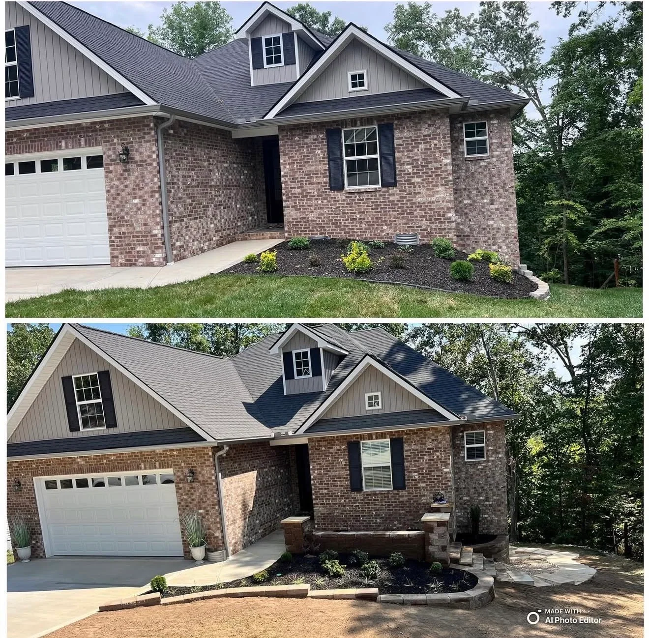 Brick home front before and after landscaping with dark mulch beds, shrub plantings, stone-capped brick entry wall, and flagstone walkway