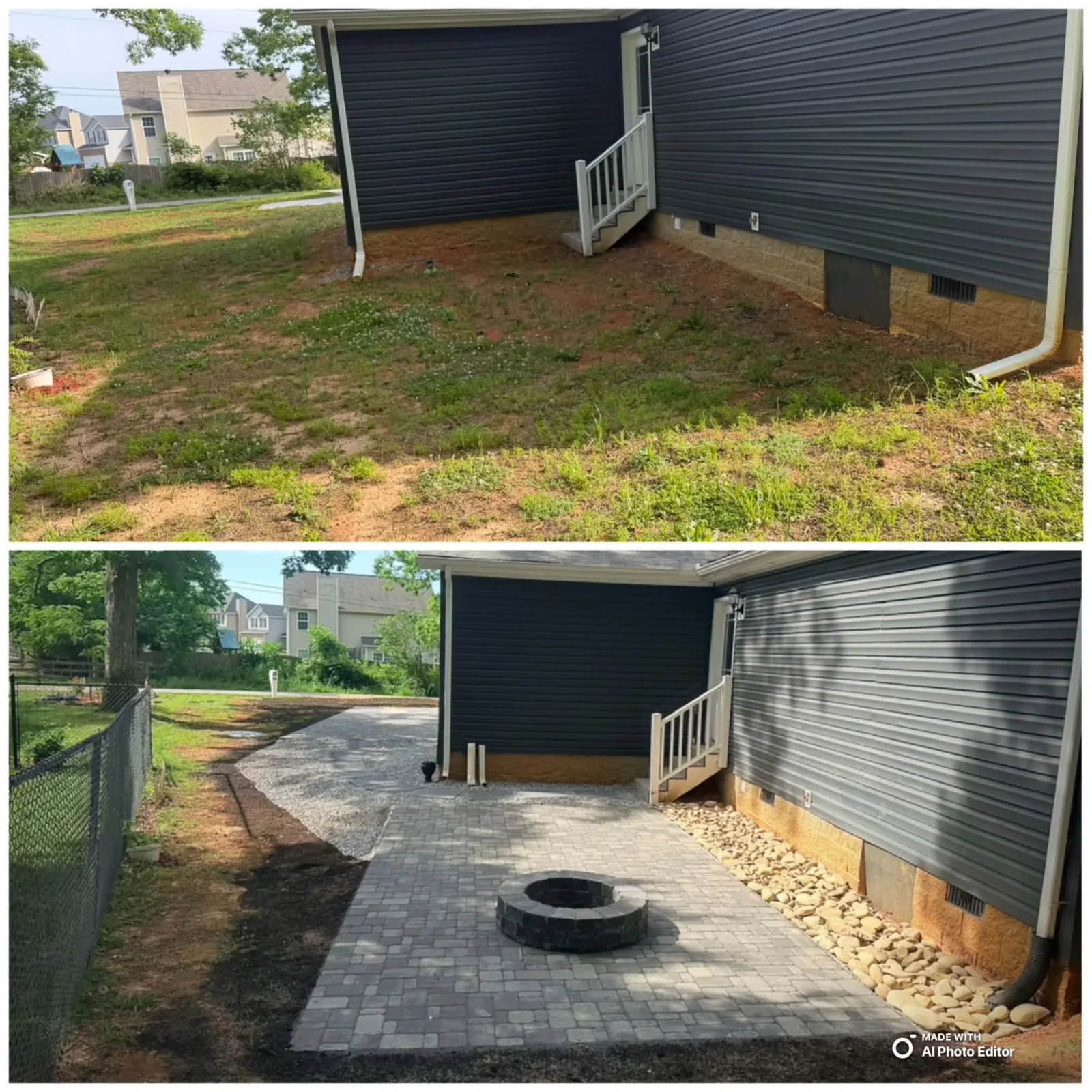 Gray interlocking paver patio with stacked stone fire pit and river rock border beside vinyl-sided home