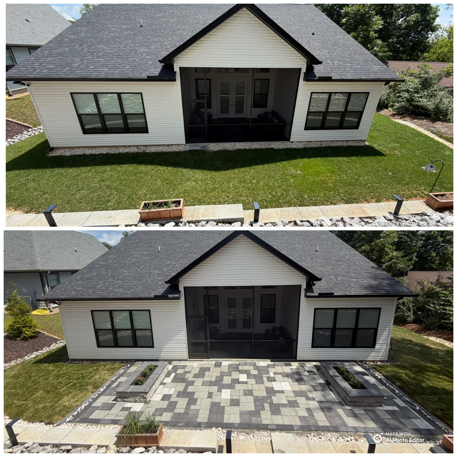 Mixed gray concrete paver patio with raised planter beds and gravel border behind a screened porch