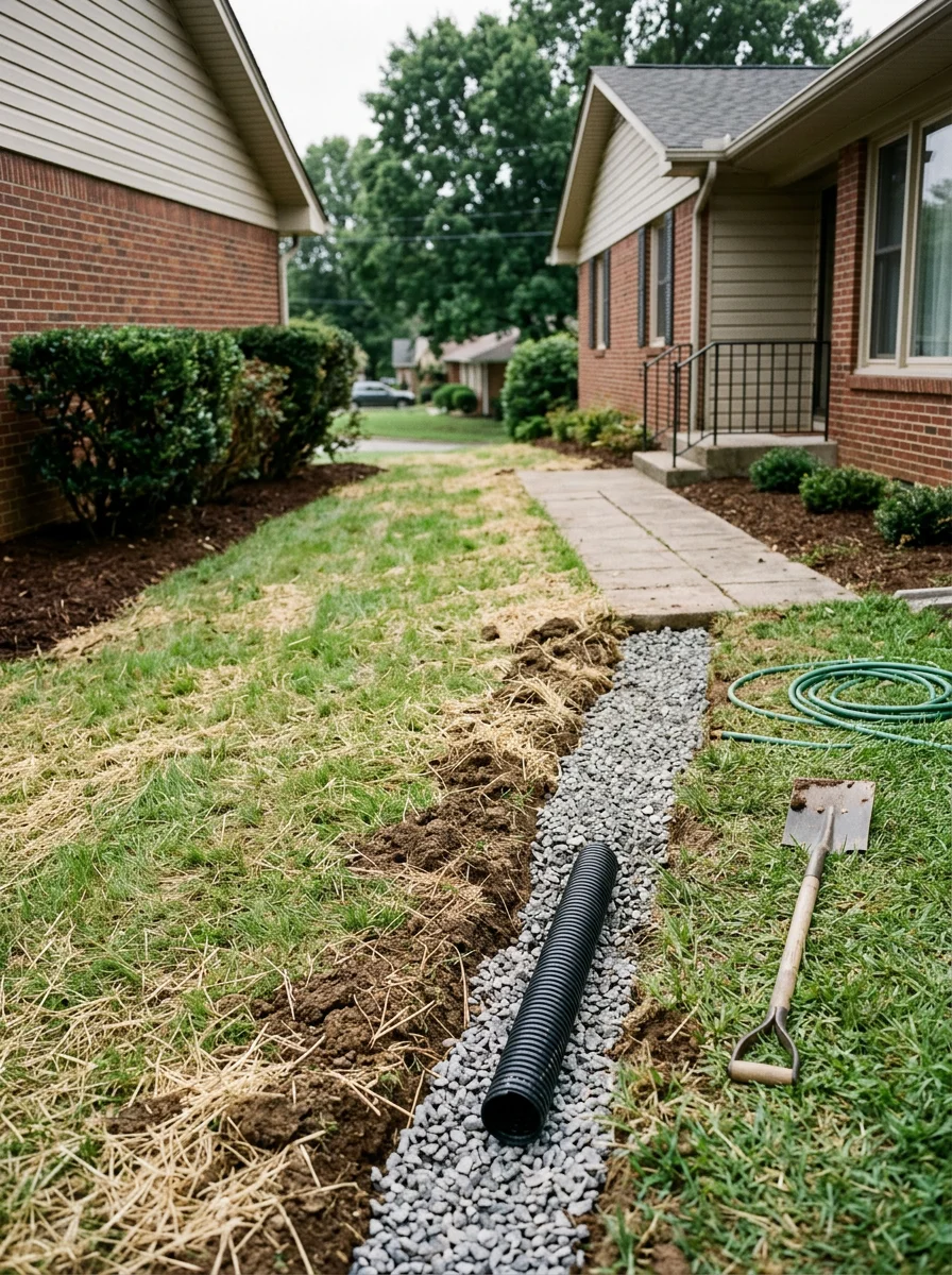 Yard drainage installation with French drain and regraded lawn on a compact Alcoa residential lot, showing corrected slope away from the home's foundation.