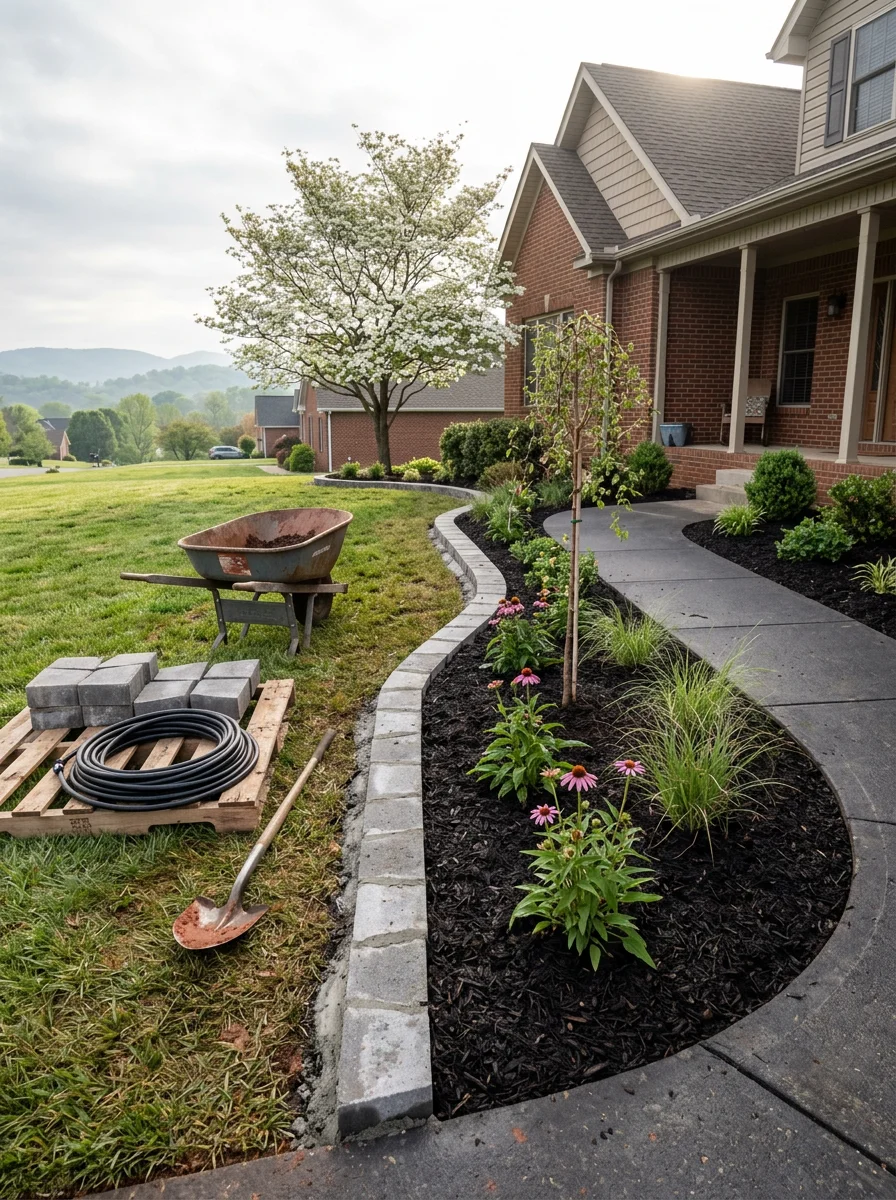 Newly installed landscape bed with native plantings and a concrete masonry border along the front walkway of a West Knoxville subdivision home.