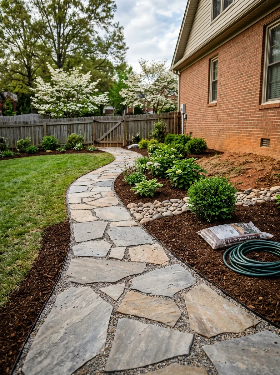 Close-up of a flagstone walkway and planted landscape bed on a Lenoir City home, showing proper grading away from the foundation.