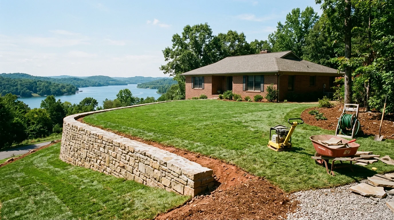 Newly installed stone retaining wall and sod lawn on a residential property near Fort Loudoun Lake in Lenoir City, Tennessee, with the Tennessee River visible in the background.