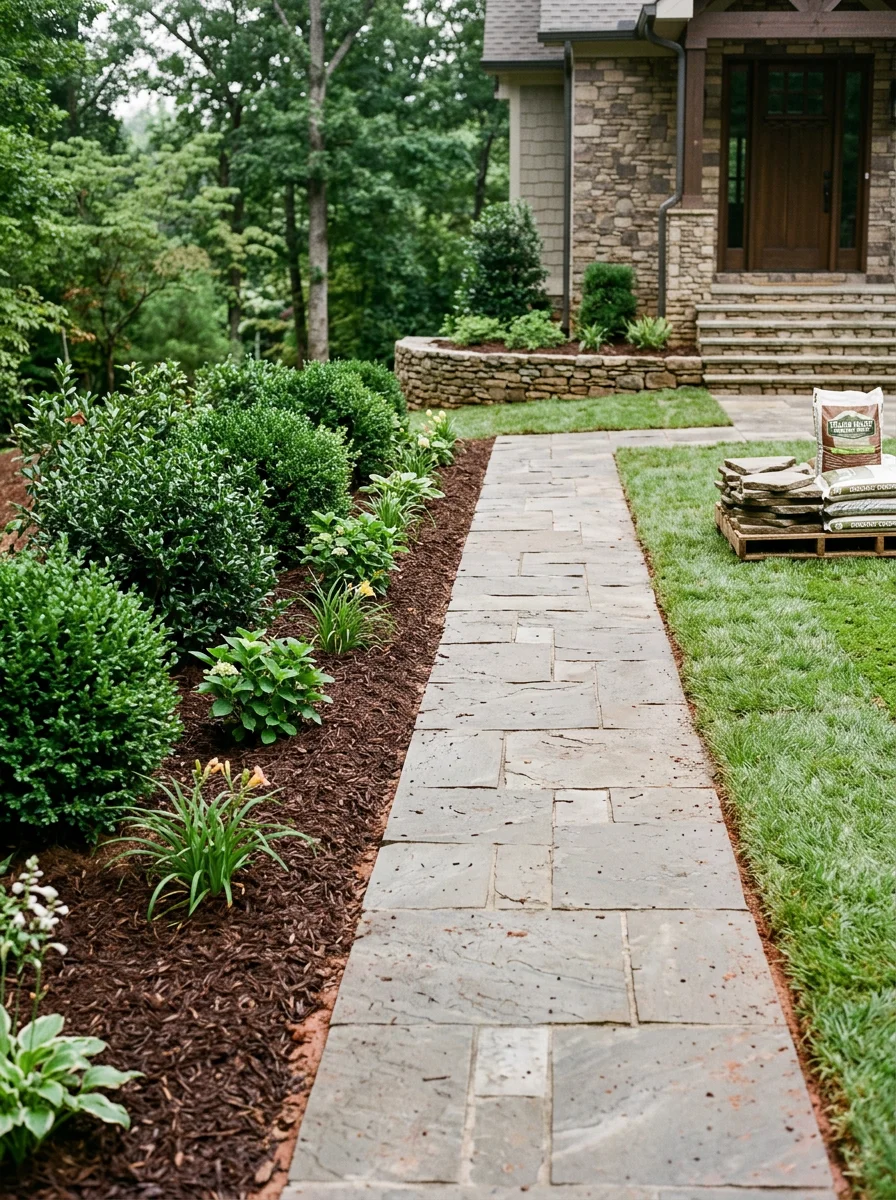 Newly installed sod lawn and paved stone walkway at a Tellico Village community home in Loudon County, Tennessee, with mature plantings bordering the entrance.