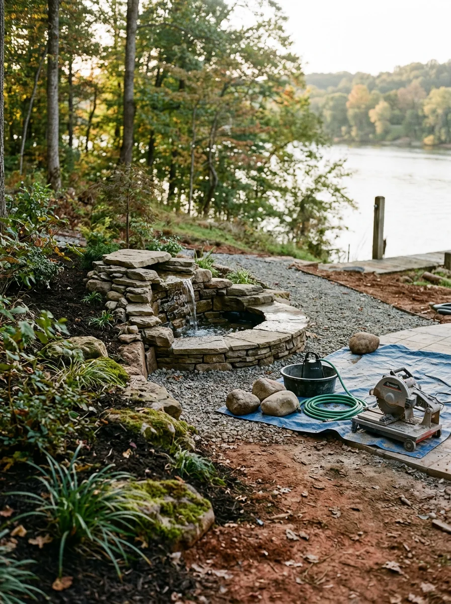 Outdoor water feature and rock landscaping installation on a Louisville, Tennessee property, with the Tennessee River shoreline and rolling terrain in the background.