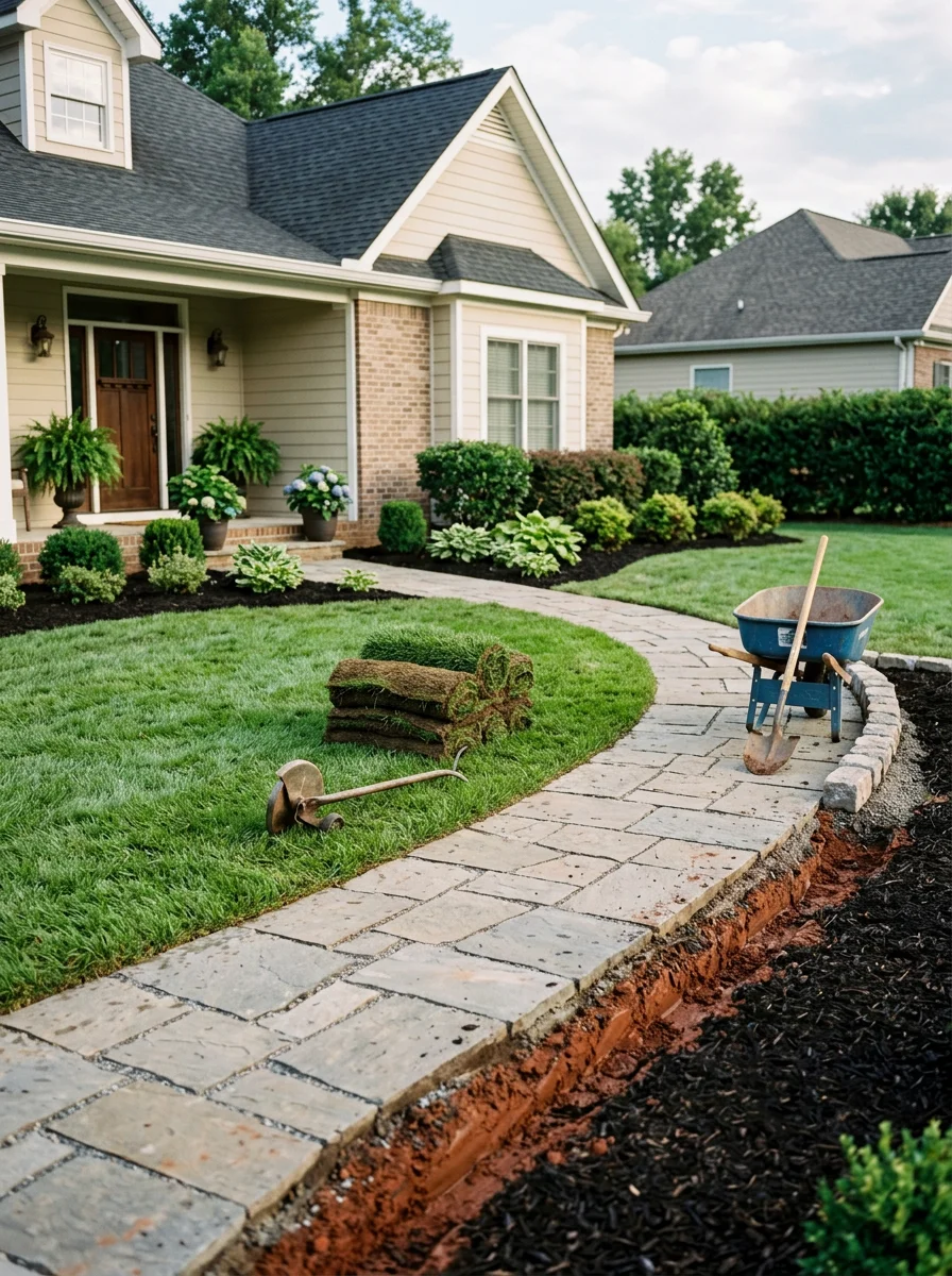 Newly installed sod lawn and paved walkway at a Maryville subdivision home, with fresh landscape beds bordering the front entrance.
