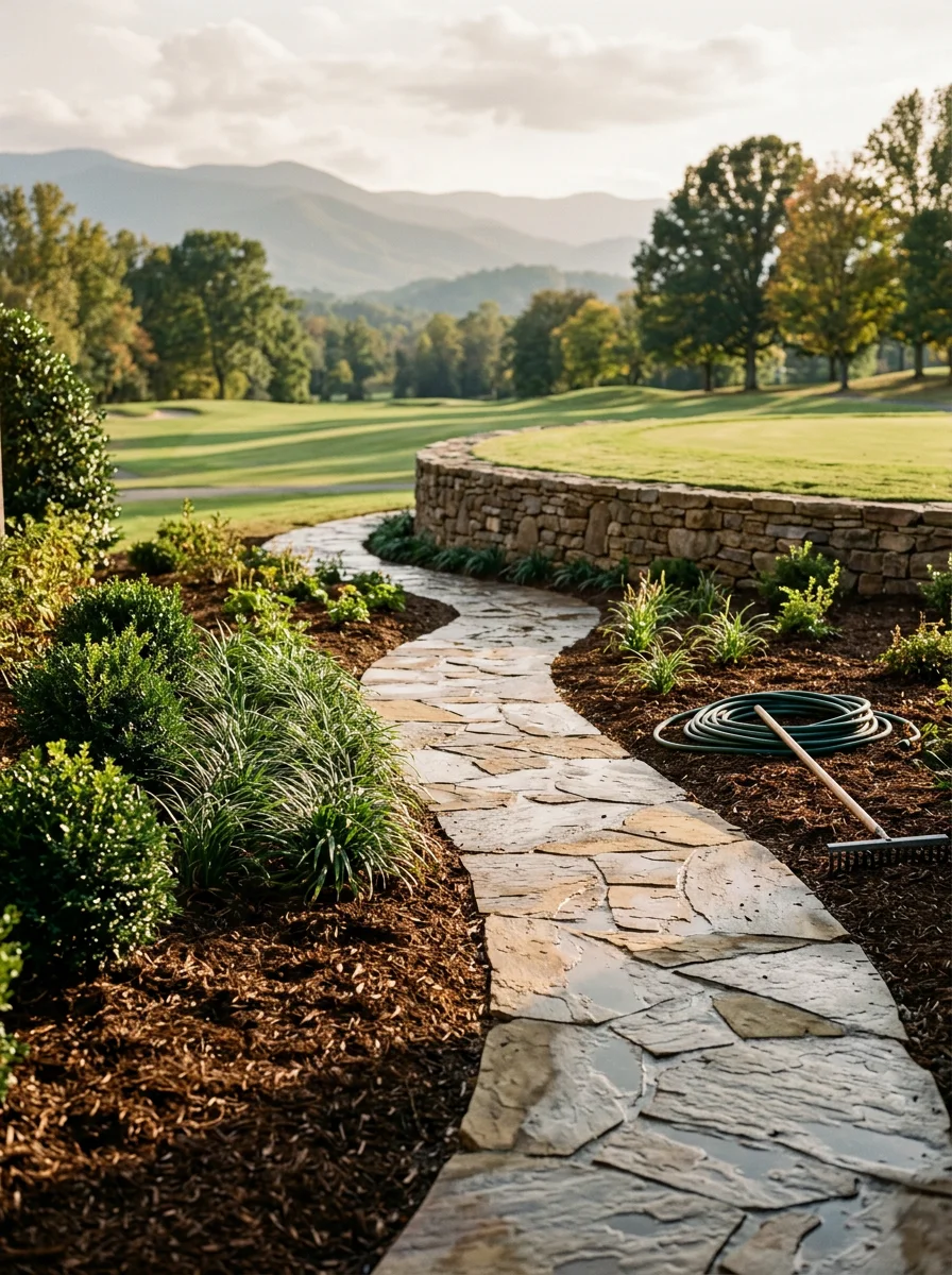 Paved stone walkway and planted landscape beds at a Rarity Bay community home in Vonore, Tennessee, with a golf course fairway visible in the background.