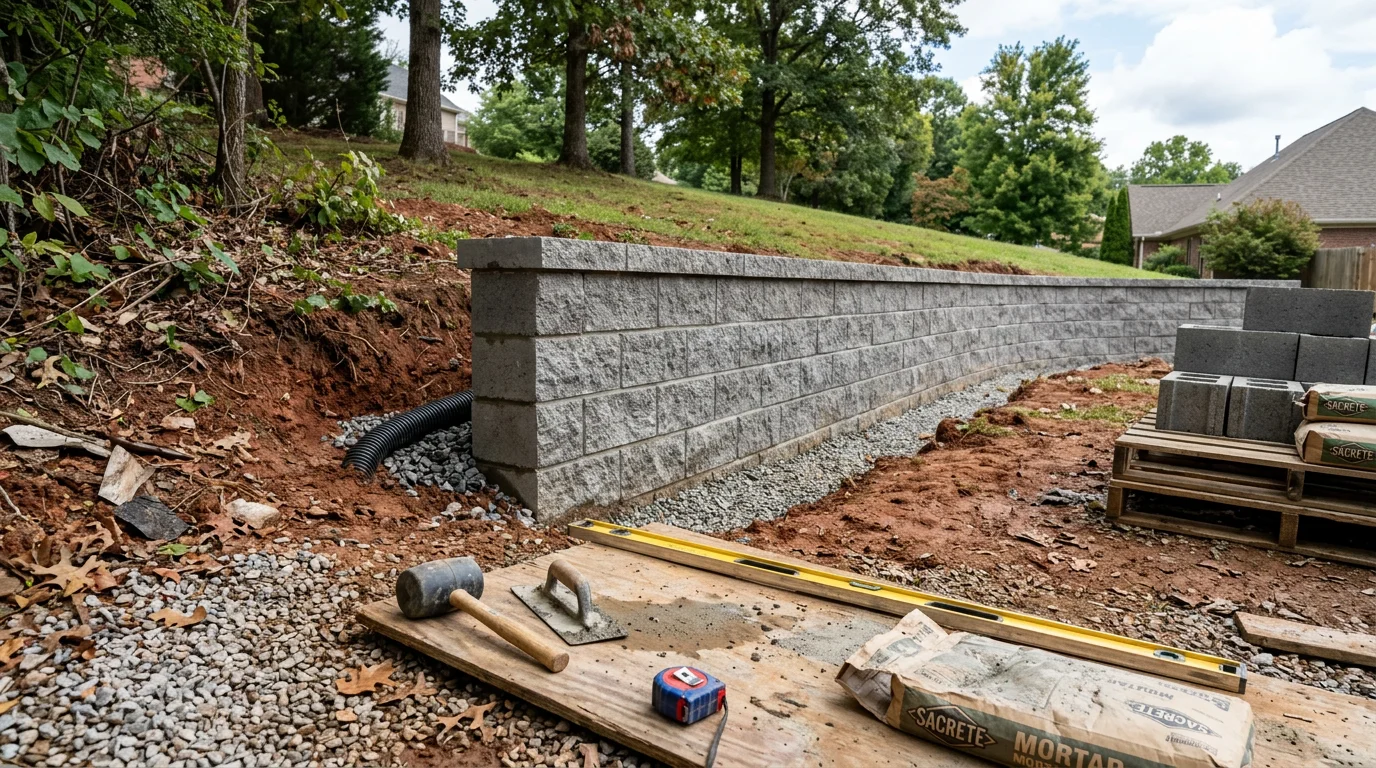 A finished concrete masonry retaining wall along a sloped residential yard in Lenoir City, Tennessee. The wall is built from concrete block units with clean joints, set against a green lawn and a single-family home.