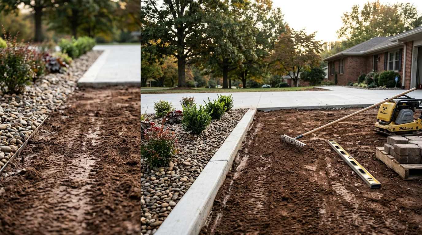 Freshly landscaped driveway approach in Lenoir City, Tennessee, with gravel edging, planted borders, and graded soil directing water away from the surface. Angular crushed stone lines both sides of the drive against a backdrop of East Tennessee residential landscaping.
