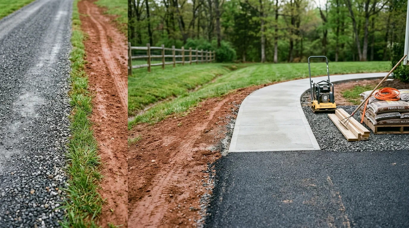 A freshly paved residential driveway and connecting front walkway at a home in Lenoir City, Tennessee. The surface is smooth and evenly graded, running from the street to the garage with a clear edge line.