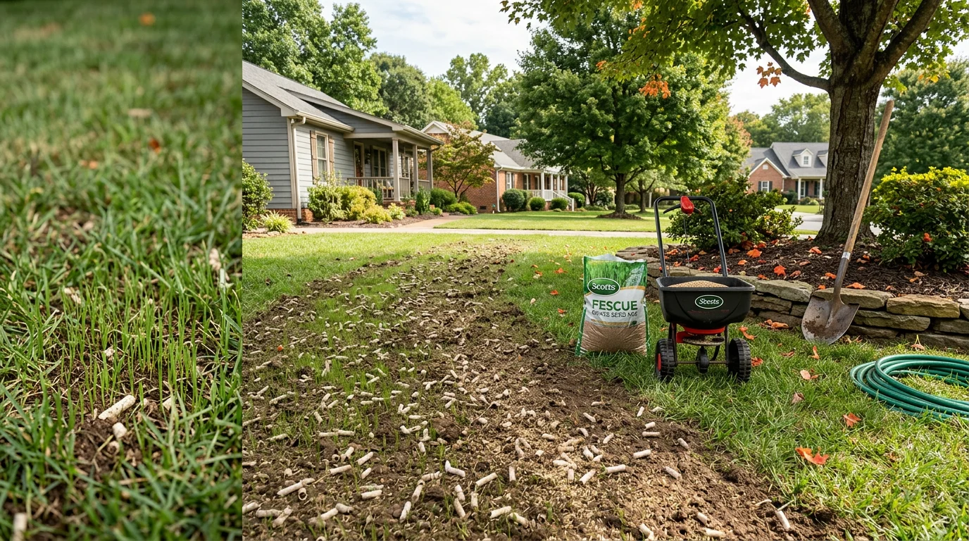 A Lenoir City residential lawn showing thick, even grass growth across a previously bare yard after professional grass seeding service. A clay-soil yard in East Tennessee with newly established turf visible from the street.