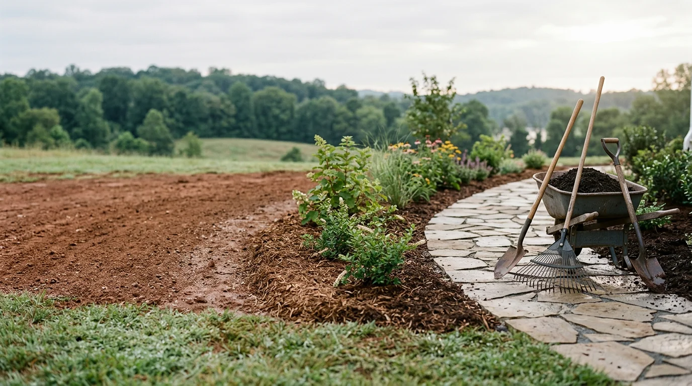A finished residential landscape design in Lenoir City, Tennessee, showing a graded front yard with native planting beds, defined lawn edges, and a sloped lot properly graded for drainage. The design reflects the rolling terrain and clay soil conditions common to Loudon County properties.