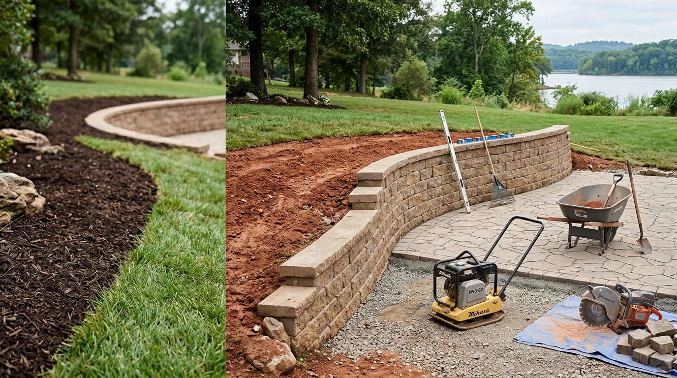 Completed residential landscape installation in Lenoir City, Tennessee, showing graded yard with natural stone retaining wall, hardscape pavers, and planted beds along a sloped lot. Project reflects typical Loudon County terrain with clay soil grading and drainage preparation visible in the finished grade.