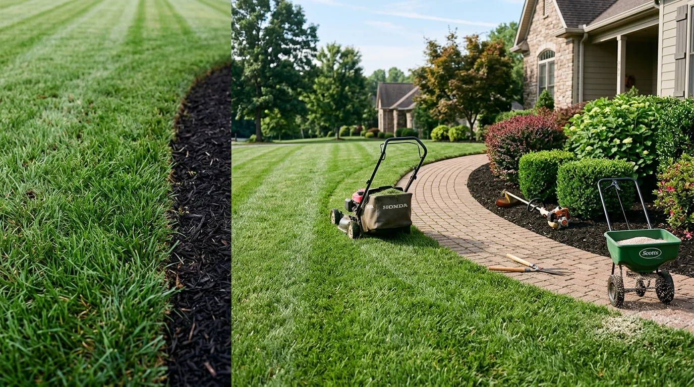 A well-maintained residential lawn in Lenoir City, Tennessee with neatly edged turf, trimmed shrubs along a front bed, and clean mulched borders in late summer. A landscaping crew from Medina Landscaping & Hardscaping performs routine mowing and trimming as part of an ongoing landscape management visit.