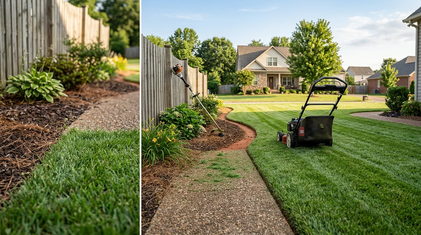 A freshly mowed and edged residential lawn in Lenoir City, Tennessee, with clean turf lines along the driveway and trimmed grass around landscape beds. The yard shows even cut height and clear edging typical of a recurring landscaping maintenance visit in the East Tennessee area.