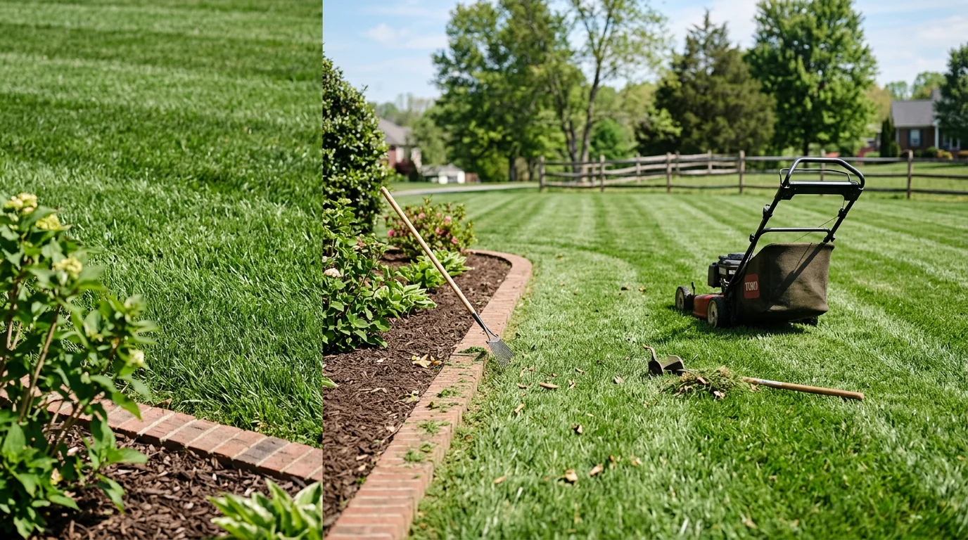 A freshly mowed residential lawn in Lenoir City, Tennessee with clean mowing lines, trimmed edges along the sidewalk, and a tidy yard free of leaves and debris. The grass shows an even cut height consistent with a regular professional lawn care schedule.