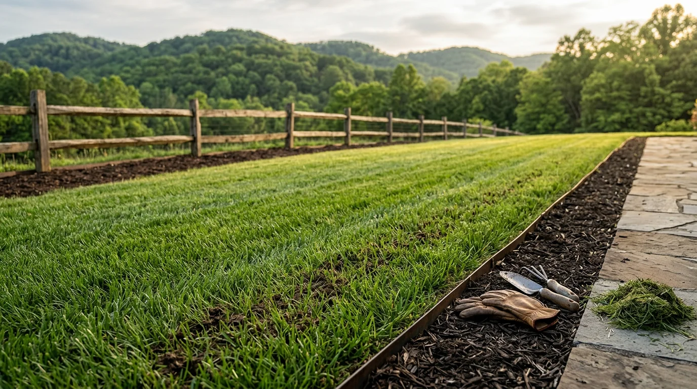 A well-maintained residential lawn in Lenoir City, Tennessee with neatly edged turf and shaped landscape beds along the front of the home. The yard shows healthy green fescue grass typical of East Tennessee properties in the cooler months.