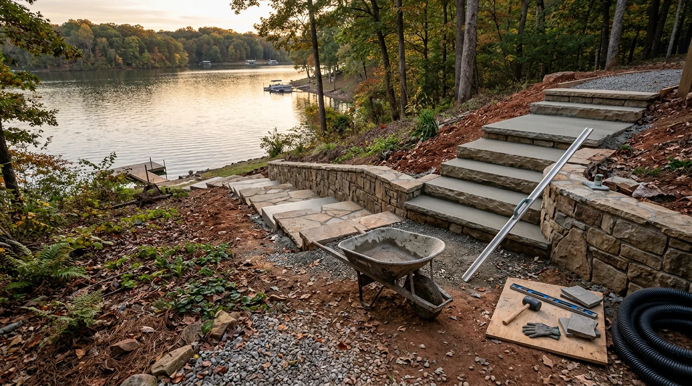 Newly constructed outdoor stone steps leading from a sloped backyard down to a patio on a residential property in Lenoir City, Tennessee. The steps feature natural stone treads with a compacted gravel base and a handrail on the uphill side.