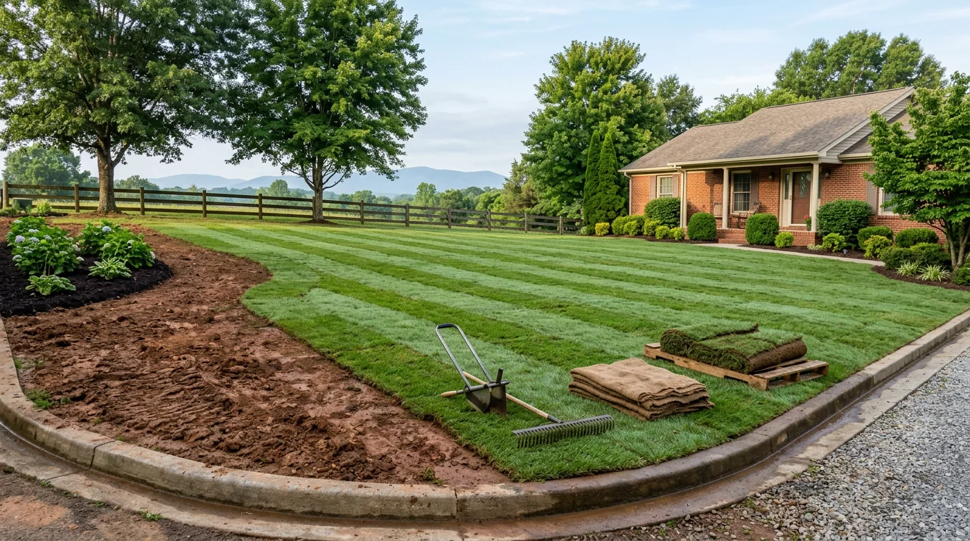 Freshly installed sod covering a graded residential lawn in Lenoir City, Tennessee, with clean edges along a concrete driveway and a home visible in the background. The lawn shows tight seams and uniform green coverage across a gently sloped yard.
