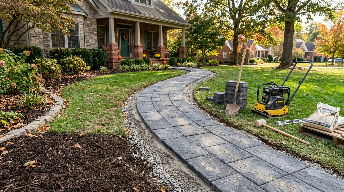 Completed flagstone walkway installed in a residential front yard in Lenoir City, Tennessee, with compacted gravel base and natural stone surface leading from the driveway to the front entry. Border plantings line both sides of the path on a graded lawn.