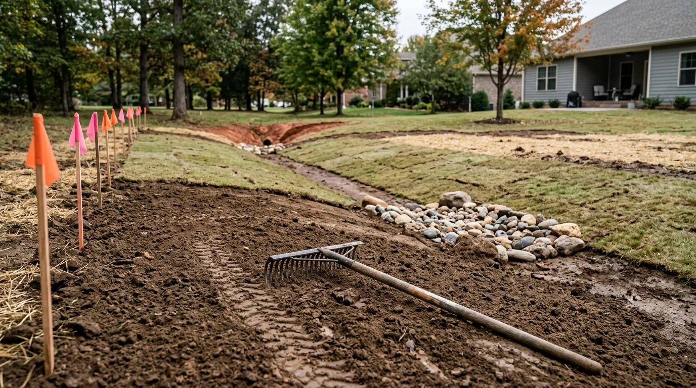A freshly graded residential yard in Lenoir City, Tennessee, showing smoothed and re-sloped soil graded away from the home's foundation. Fill dirt has been spread and compacted across a previously uneven lawn area to correct drainage flow.