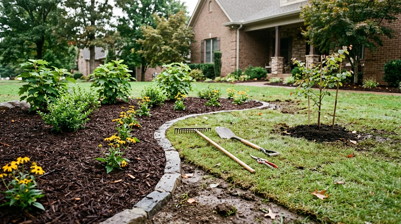 A freshly landscaped residential front yard in Lenoir City, Tennessee with mulched planting beds, regionally native shrubs, and an even turfgrass lawn on a gently sloped lot. The yard shows clean bed edging and healthy plant spacing suited to East Tennessee's clay soil and humid climate.